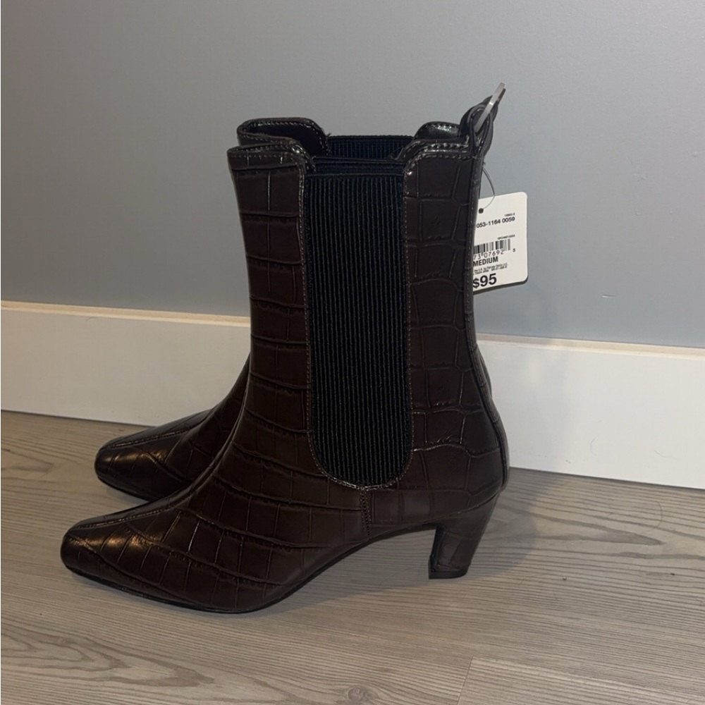 Worthington Dark Brown Croc-Pattern Heeled Boots